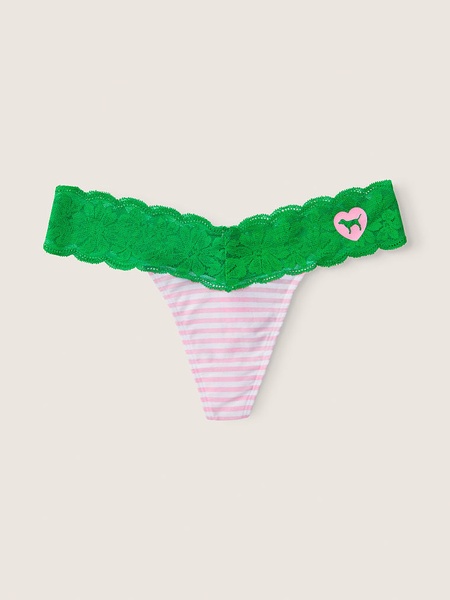 Хлопковые трусики тонг PINK Everyday Lace Trim Thong Underwear 247544QBK фото